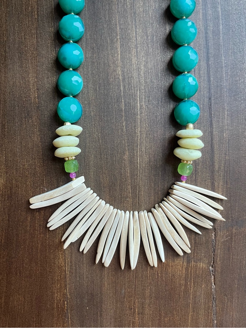 Unique Teal Green Faceted and Fringe Bead Necklace